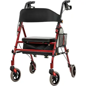 Lightweight Foldable Rollator Walker with Seat for Seniors 350 lb Capacity Adjustable Height Aluminum Carbon Steel Red