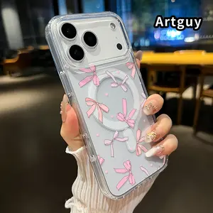 Magnetic Phone Case Supports Wireless Charging for iPhone 17 16  Pro Max Plus 15 14 13 12 11 Air E Bow - heart symphony Pattern Non-Yellowing Shockproof Soft Silicone Transparent Acrylic Large Hole Cover