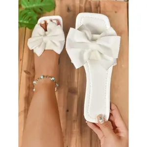 Women's Bowknot Design Slide Sandals, Fashionable White Flat Sandals for Summer, Casual Versatile Shoes for Daily Wear, Boho Casual Sandals