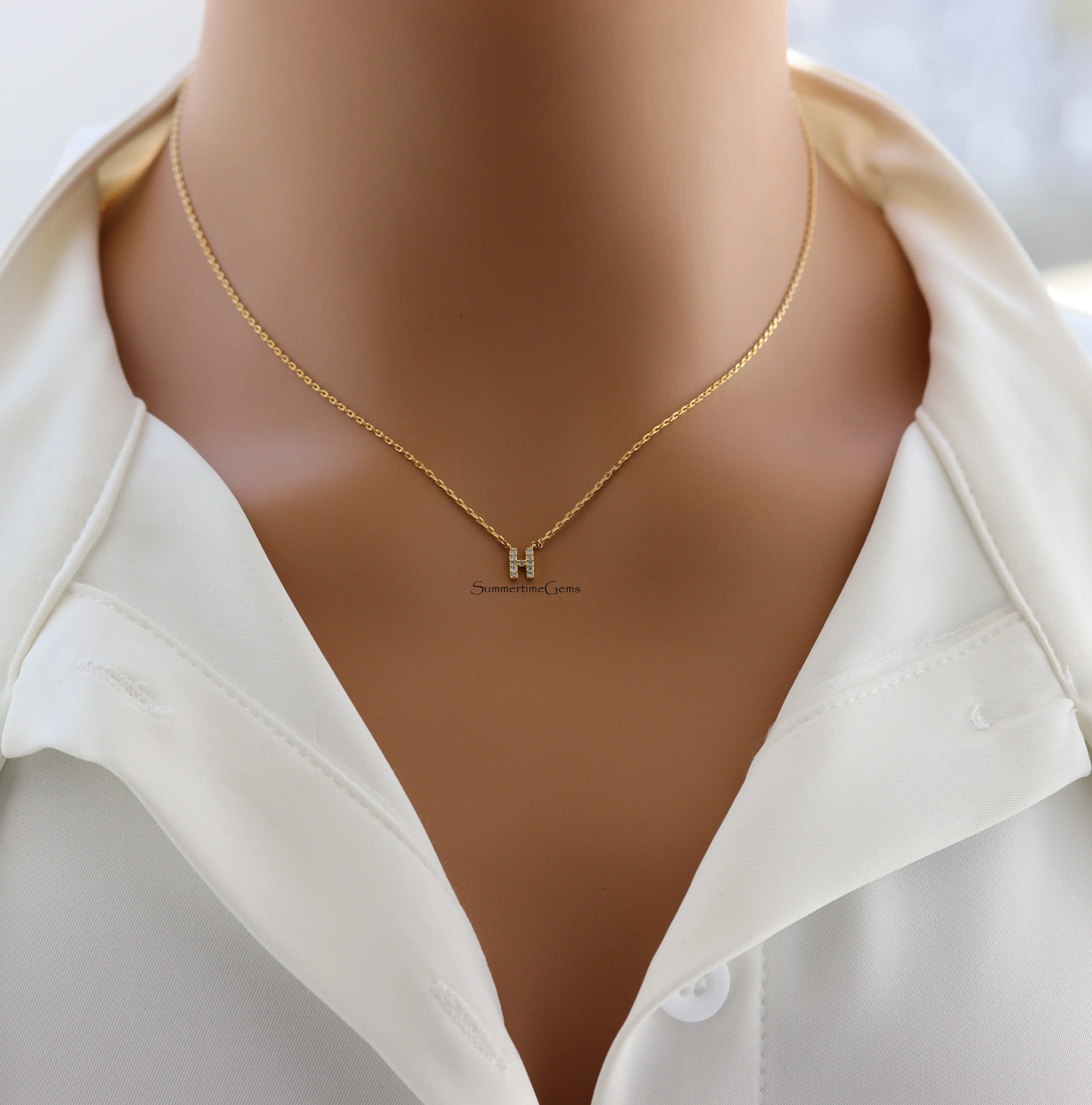 18K Gold Plated Dainty Mini Rhinestone Initial "H" Pendant Necklace – Personalized Letter Jewelry