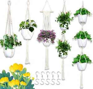 Macrame Plant Hanger 5 Pcs Indoor Outdoor Hanging Plant Holders Handmade Plant Hangers Cotton Rope Planters with 5 Pcs Ceiling and S Hooks for Small Plants Pots Boho Home Decor
