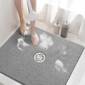 Square Shower Mat, 24 x 24 Inch Non Slip Bath Mat for Tub, Soft PVC Loofah Bathtub Mats with Drain Holes, Quick Drying Bathroom Stall Floor Mat, Bathroom Accessories Without Suction Cup, Grey