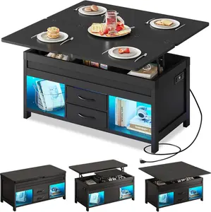 40" Lift Top Coffee Table, 4 in 1 Coffee Tables with Storage, 2 Fabric Drawers, LED Light and USB, Modern Coffee Table with Hidden Compartment for Living Room, Dining Room, Black