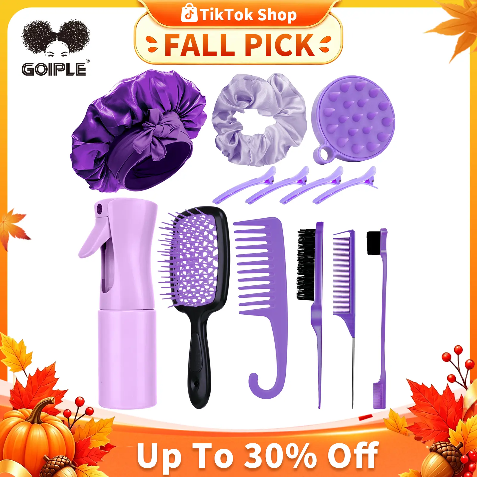 Goiple Purple 6-in-1 Detangling Hair Brush Set - 13-Count Haircare Kit with Detangler, Combs, Plastic Bristles, Scalp Massage Brush & Double Edge, Wet/Dry Hair Styling Tools for Adults, Self Care Products