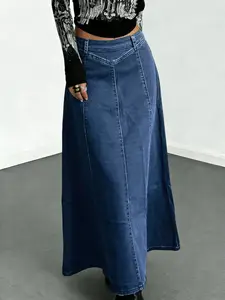 Women's High-Waisted Midi Skirt, Slimming Fit, Blue Washed Denim, Elegant Chic Style, Perfect for Daily Wear, Dates, Parties, High Waist Skirts
