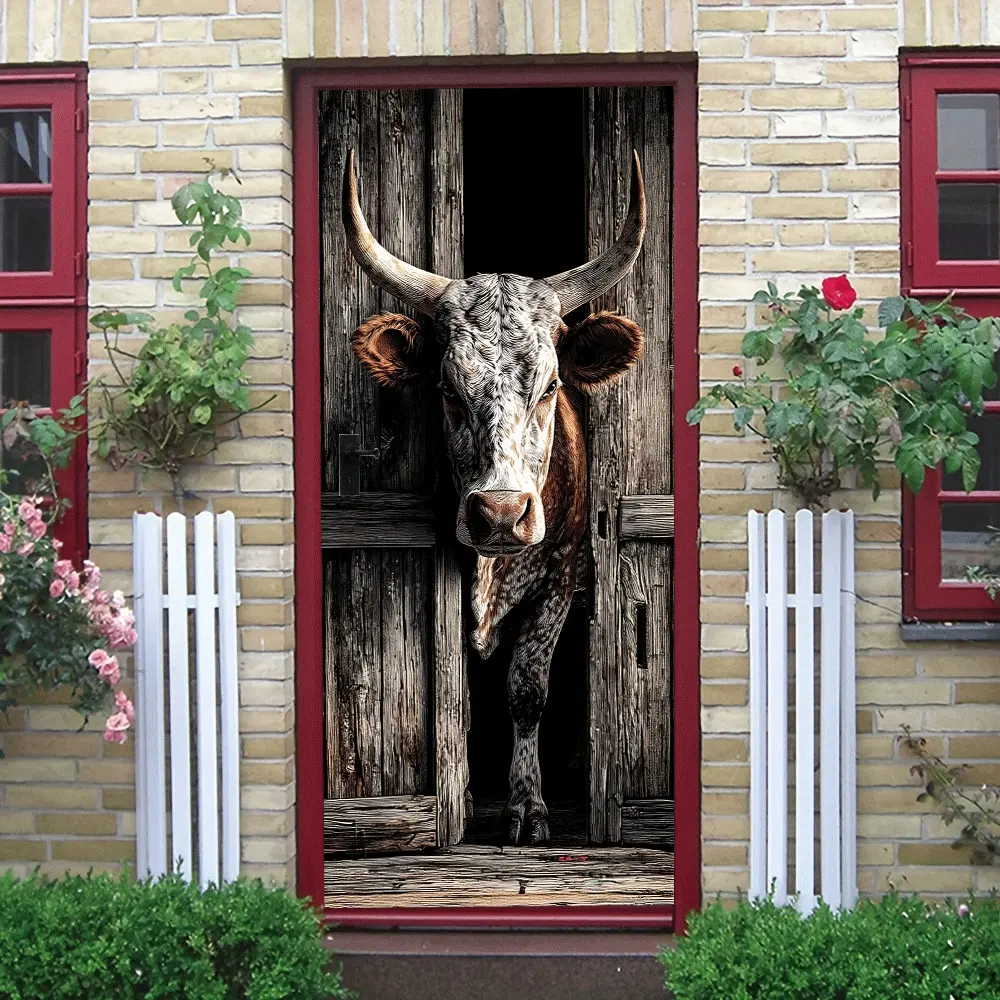 2pcs Vintage Wooden Doorway Cow Wall Sticker Stereo Simulation Animal Decal Self Adhesive Removable Home Decor for Living Room Entrance Dining Room Farmhouse Style Wall Art Mural