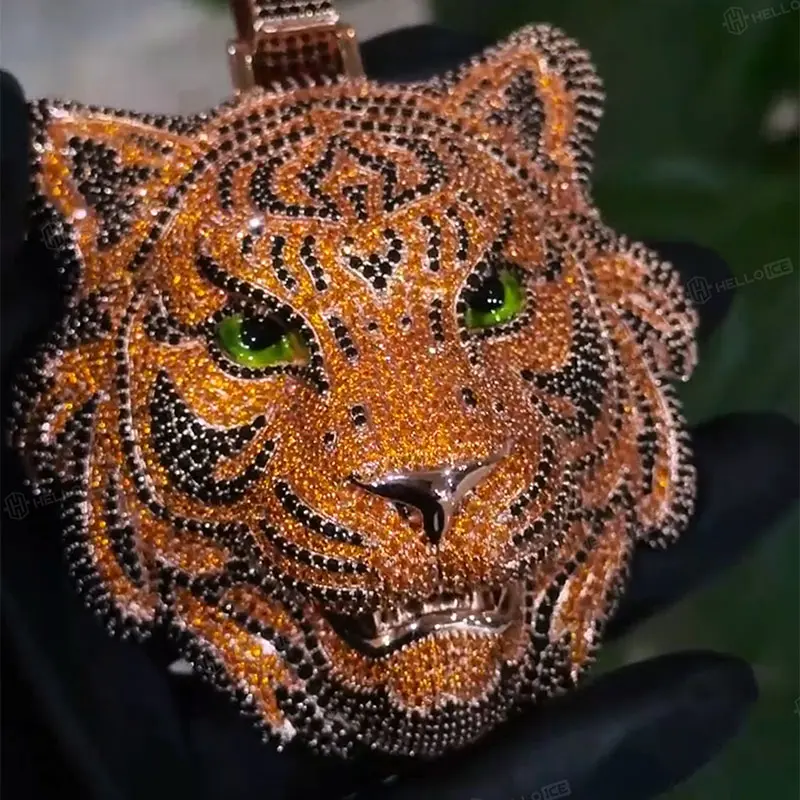 Iced Out 5A CZ Tiger Pendant with 3mm 24inches Rope Chain