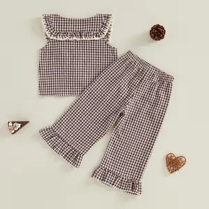 2Pcs Toddler Girls Summer Outfits Sleeveless Doll Collar Plaid Print Vest Tops and Elastic Waist Pants Set