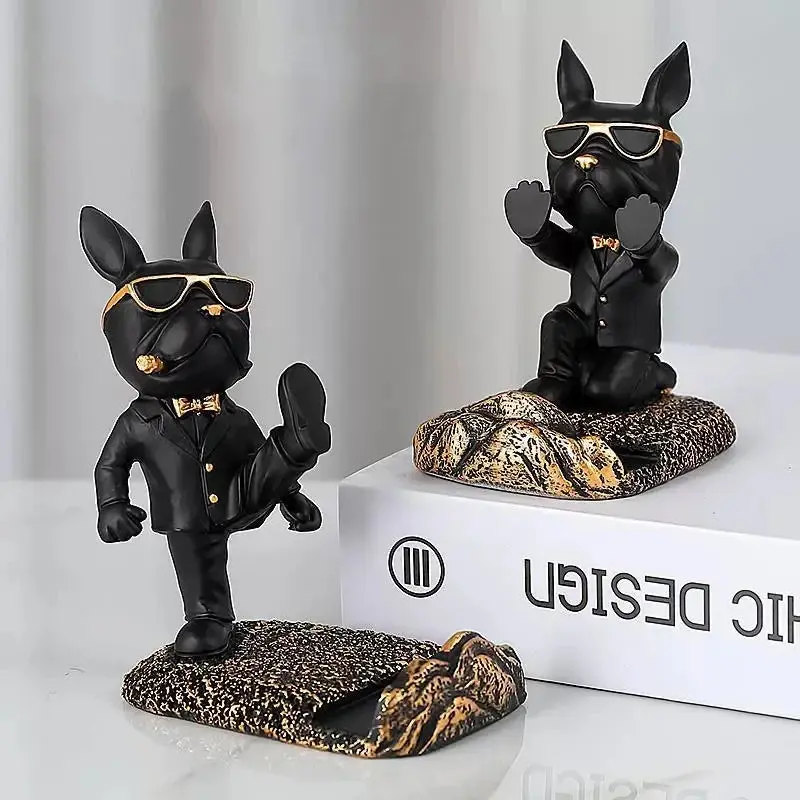 French Bulldog Statue Desk Decor Cute Dog Sculptures Phone Holder Animal Figurine Cell Phone Stand Home Office Decorations