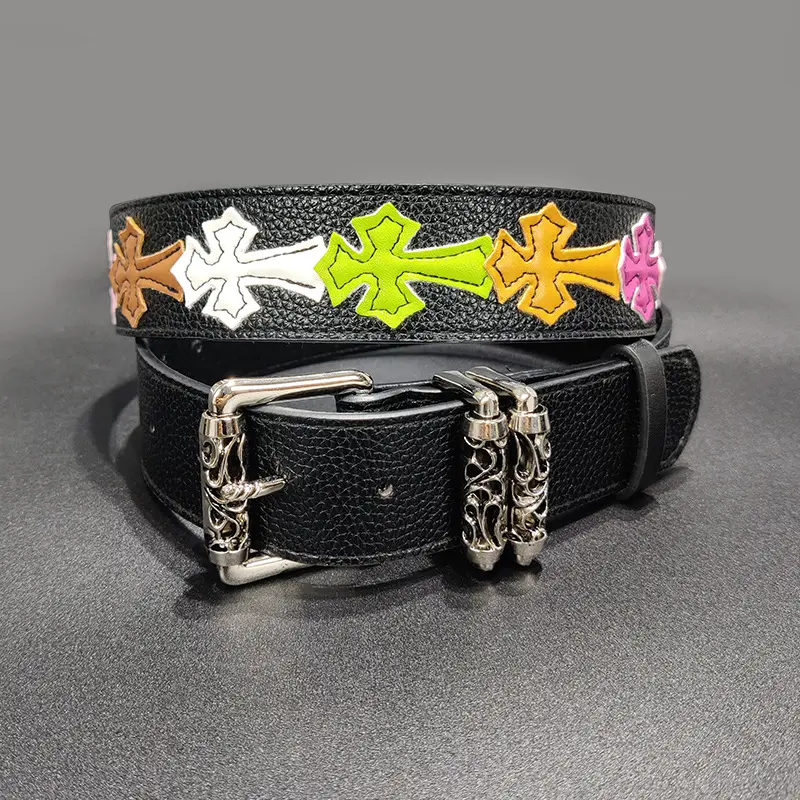 Punk style trendy fashion belt, cross design embroidered leather decoration street y2k, unisex, street party clothing accessories, perfect for pairing with jeans