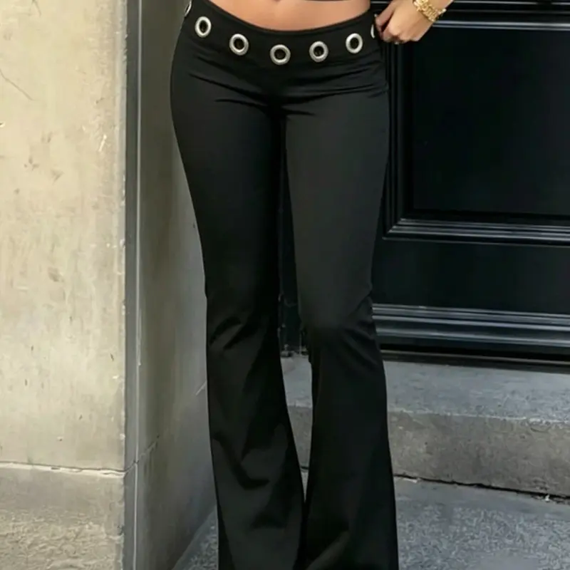 Women's Micro-Flare Pants with Metal Grommet Waist, Slim-Fit Vintage Y2K Punk Streetwear Trousers