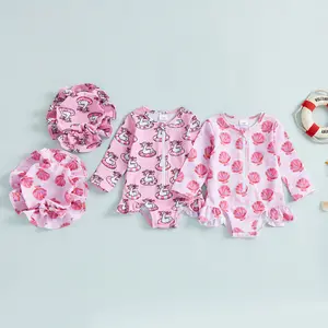 Infant Baby Girls Swimsuit Set Duck/Shell Print Long Sleeve Zipper Rash Guard Swimwear and Sun Hat Summer 0-24 Months