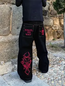 Men's Street Style Streetwear, American Vintage Skull Design Straight Leg Denim, High Waist Wide Leg Embroidered Hip Hop Fashion, Embroidered Jeans