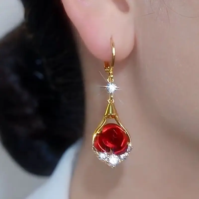 Shiny Personalized Light Luxury Retro DDES0120 Simple and Elegant Red Rose Earrings