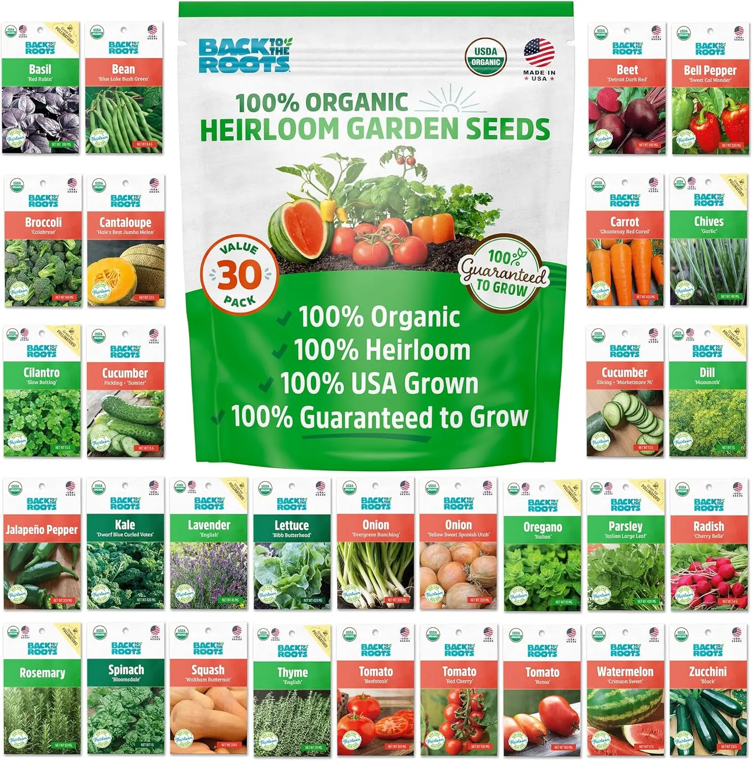 Heirloom Organic, Non-GMO & USA Grown Seeds, 30ct Herb, Fruit, and Veggies, Assortment May Vary, Guaranteed to Grow