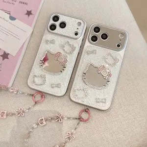 Glitter Cartoon Phone Case Cover For iPhone 17 16 15 14 Pro Max Makeup Mirror Phone Case with Wrist Strap