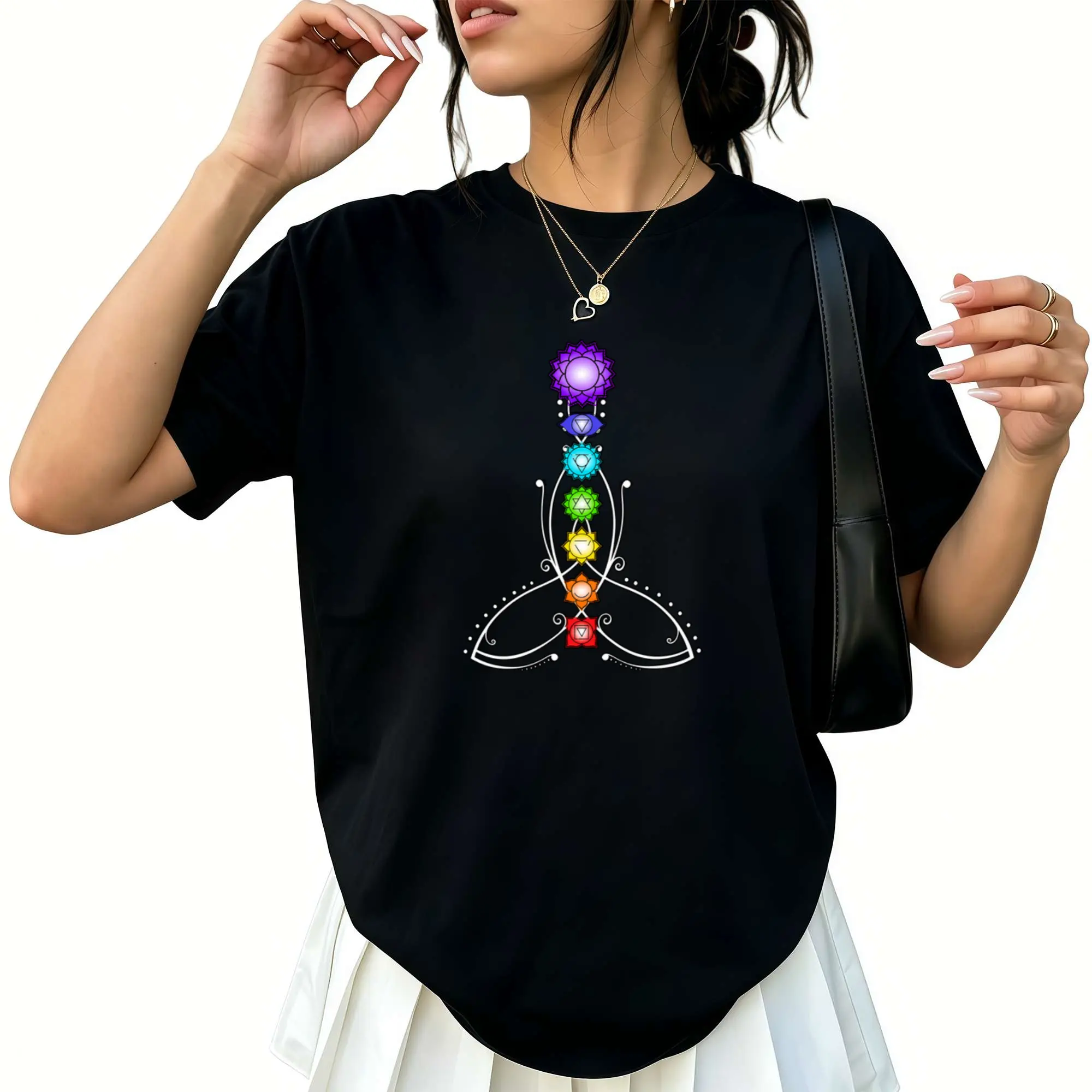 Women's 100% Cotton Chakra Print T-Shirt, Short Sleeve Tops with Classic Fit & Round Neck, Ideal for Yoga Meditation & Spiritual Energy Focus