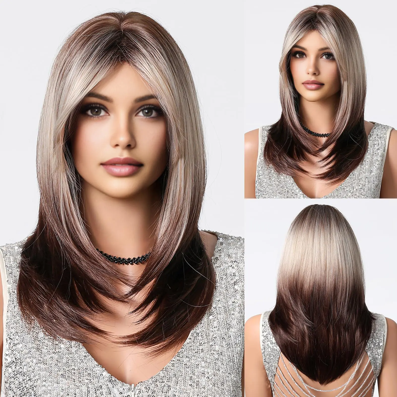 Woolook Long Straight Natural Synthetic Wig for Female, 20-Inch Heat Resistant Fiber with Bangs, Ombre Brown Blonde Highlight for Party & Daily Use, Heat Resistant Wig, Long Straight Natural Hair Synthetic Full Machine Wigs