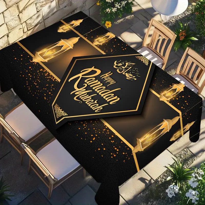 Ramadan Tablecloth, Ramadan Kareem & Mubarak Design, Mandala Lantern Motif, Washable Fabric, Ideal for Festive Celebrations
