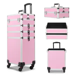 4 in 1 Makeup Train Case Rolling Cosmetic Trolley Large Capacity Travel Organizer with Key 360°Swivel Wheels for Beauticians Hairstylists Nail Tech Students, Pink