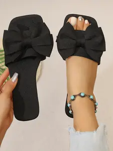 Bow Decor Sandals, Wide Strap Square Toe Flat Shoes, Soft Comfortable Non-Slip, Fashionable for Summer, Casual & Travel