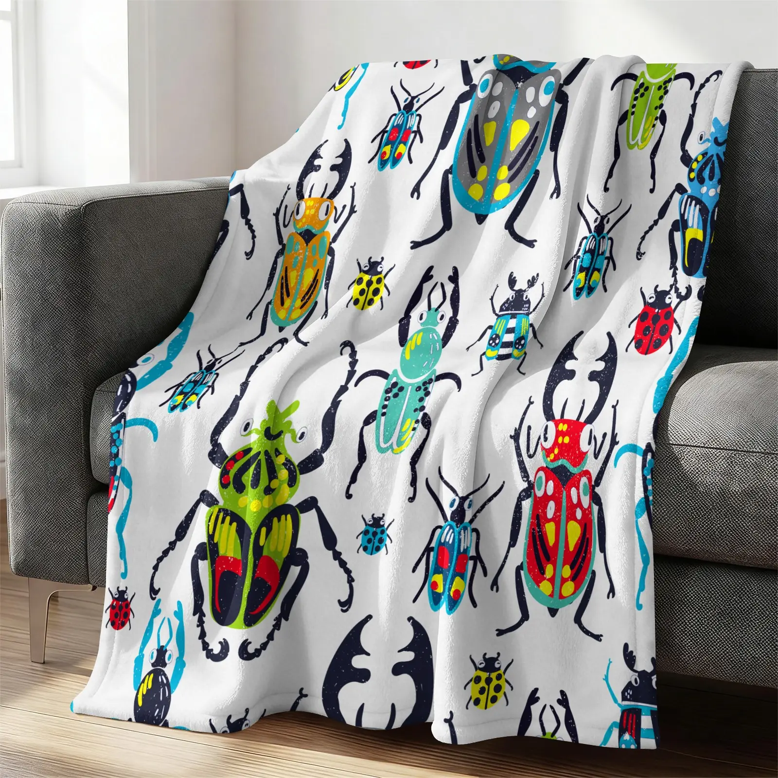 Cartoon Colorful Beetle Flannel Blanket, Soft Warm Lightweight Blanket, Cute Insect Print Blanket for Kids Boys Teens Couch Bed Sofa, All Season Gift Blanket for Home Decor