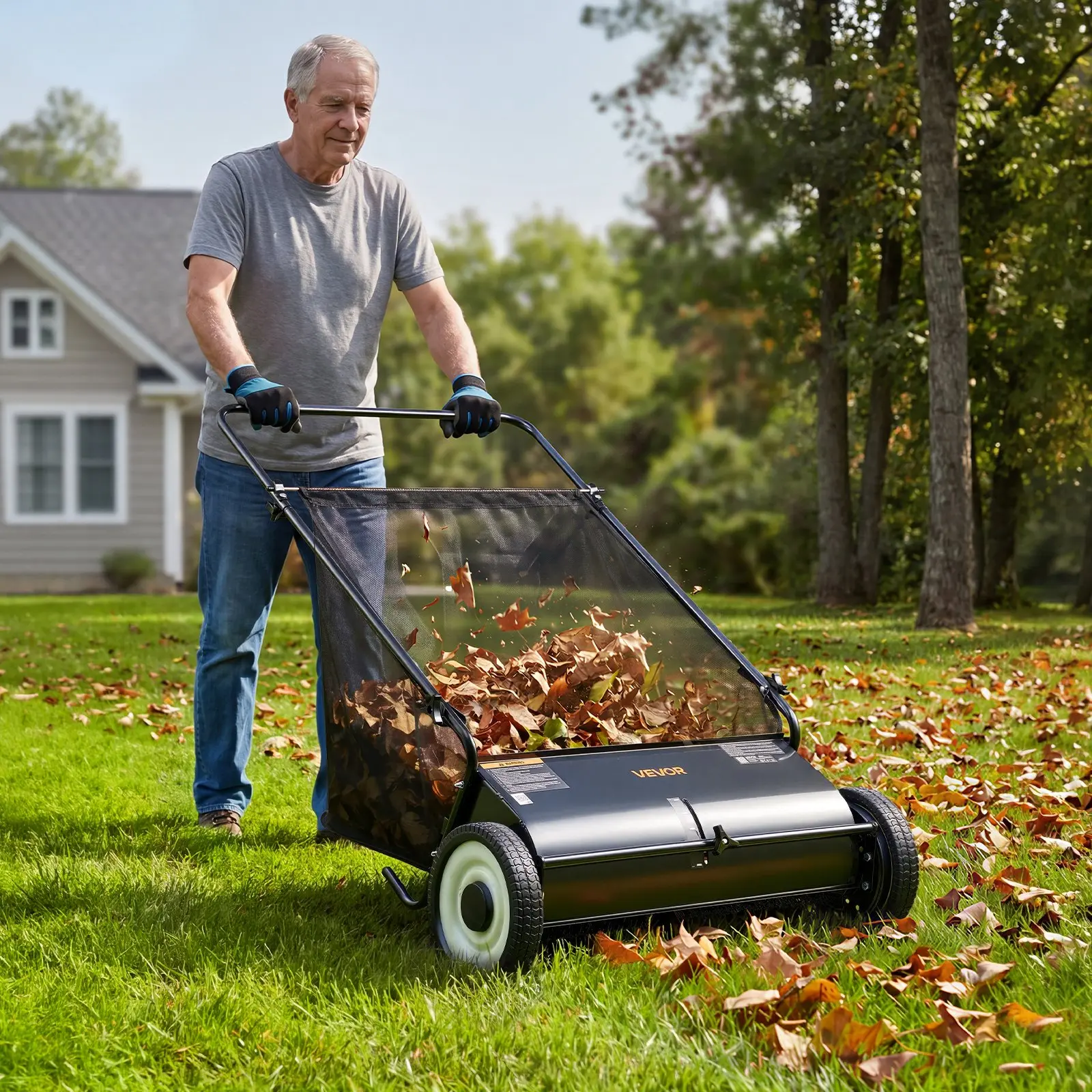 VEVOR 26-in Hand Push Walk-Behind Lawn Sweeper, Durable Garden Cleaning Tool with Adjustable Spinning Brush Height, Strong Rubber Wheels, Heavy-Duty Thick Steel, 7 cu. ft. Mesh Hopper Bag for Sidewalks/Drives,toolupgrade
