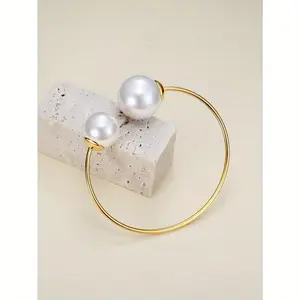 Stainless Steel C-Shaped Open Bangle - 1 Pc Bracelet with Double Imitation Pearl Beads, Wear-Resistant, Non-Fading, Ideal Party Wear Jewelry Gift for Girlfriends