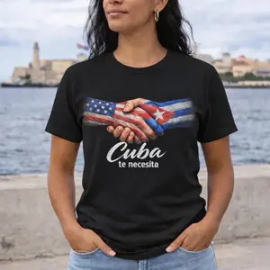 Cuba Te Necesita T-Shirt - Black Graphic Tee with Handshake Design Featuring American and Cuban Flags