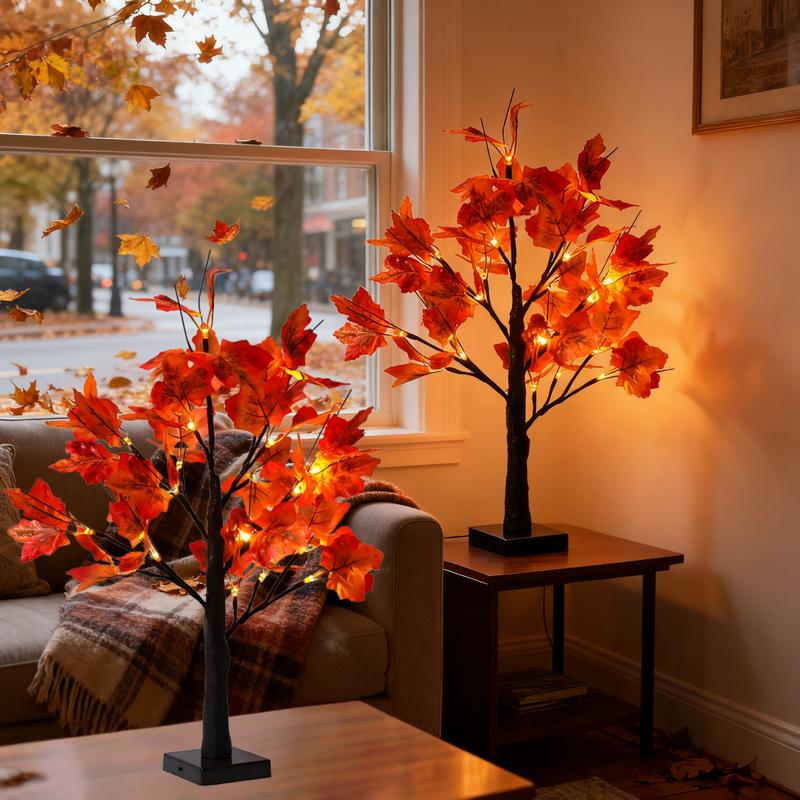 2-Piece Set, 23-inch Thanksgiving Autumn Maple Tree Decor with 24 LEDs ...