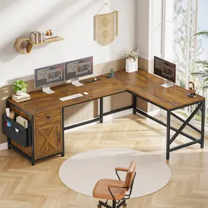 SEDETA 63" L Shaped Desk, Convertible Corner Office Desk with Drawer, Farmhouse Computer Desk with Power Strip & Storage Cabinet for Home Office
