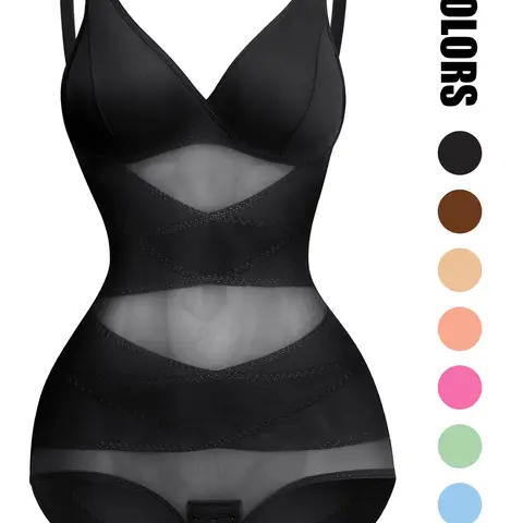 Women's Plain Sheer V Neck Shapewear Bodysuit, Casual Adjustable Strap High Stretch Shapewear Clothing, Women's Shapewear, Body Shapewear, Shapewear Clothes
