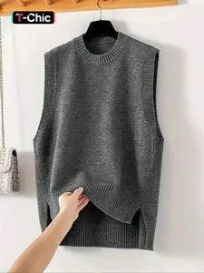 Women's Solid Color Round Neck Sweater Vest, Casual Sleeveless Knitwear Top for Daily Wear, Ladies Knit Clothing for Fall & Winter, Minimalist Fitted Vest