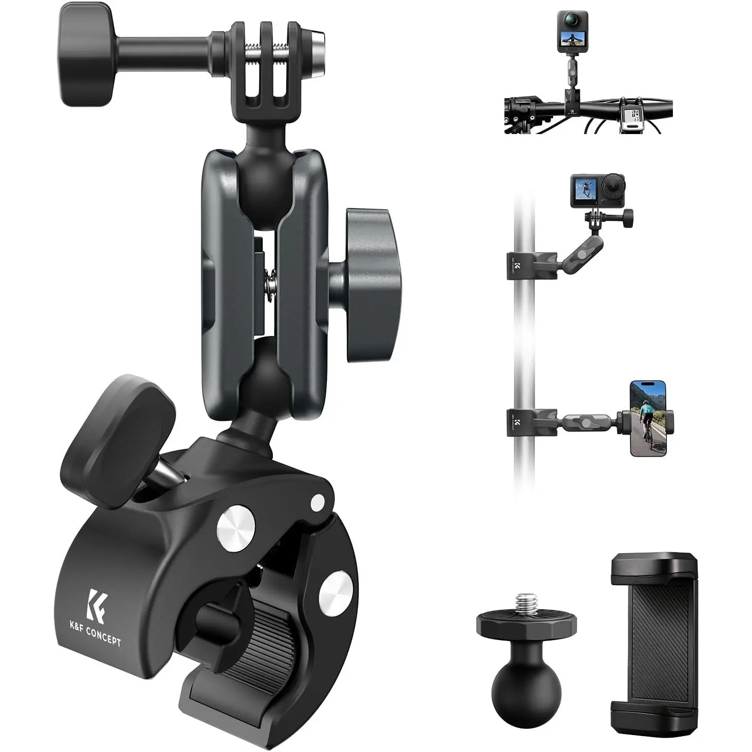 K&F CONCEPT Super Clamp Camera Mount with 360° Dual Ball Head, Motorbike Accessories Handlebar Mount Compatible with DJI Action 6/5/4/3, GoPro Hero 13/12/11/10, Insta360 X5/X4