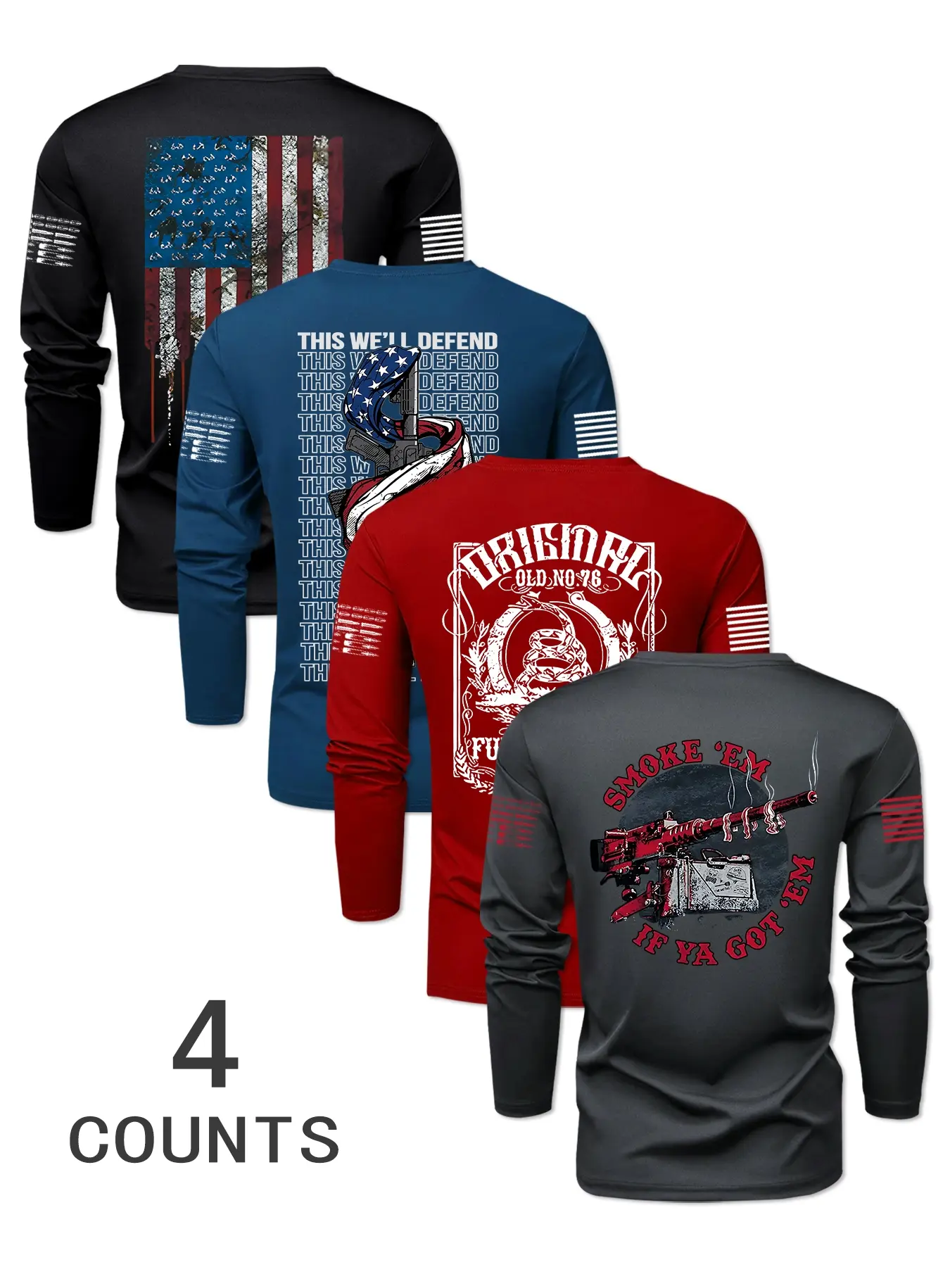 Men's Trendy Flag Gun Snake Letter Graphic Print Long Sleeve Fitted T-Shirt Set, Spring & Fall 4-Piece Casual Innerwear, Comfortable Streetwear Style, Casual Streetwear Top