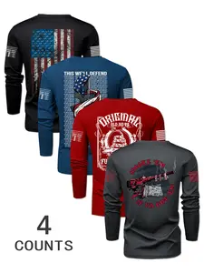 Men's Trendy Flag Gun Snake Letter Graphic Print Long Sleeve Fitted T-Shirt Set, Spring & Fall 4-Piece Casual Innerwear, Comfortable Streetwear Style, Casual Streetwear Top