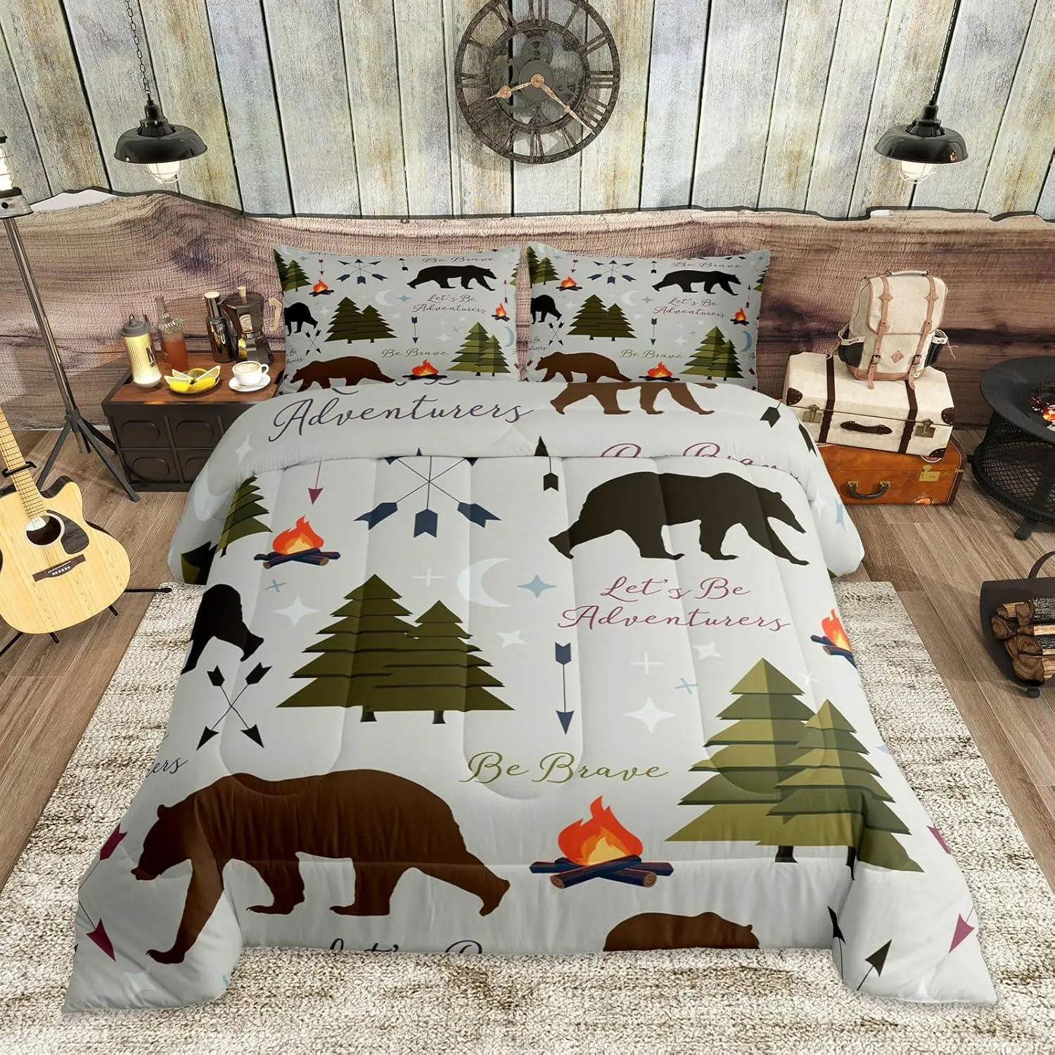 Happy Camping Comforter Set,Hunt Bear Pine Trees Bedding Set for Kids Boys Men Adults Cabin Room Decor Campfire Arrow Cartoon Quilt Set,Wild Outdoor Adventure Duvet Insert