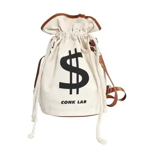 Dollar Sign Canvas Backpack, Japanese Portable Storage Drawstring Shoulder Bag, Multifunctional Casual Money Bucket Purse