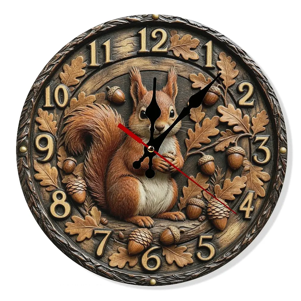 Squirrel Wooden Wall Clock Silent Non Ticking Battery Operated Rustic Woodland Animal Decor for Cabin Living Room Bedroom 10/12 Inch