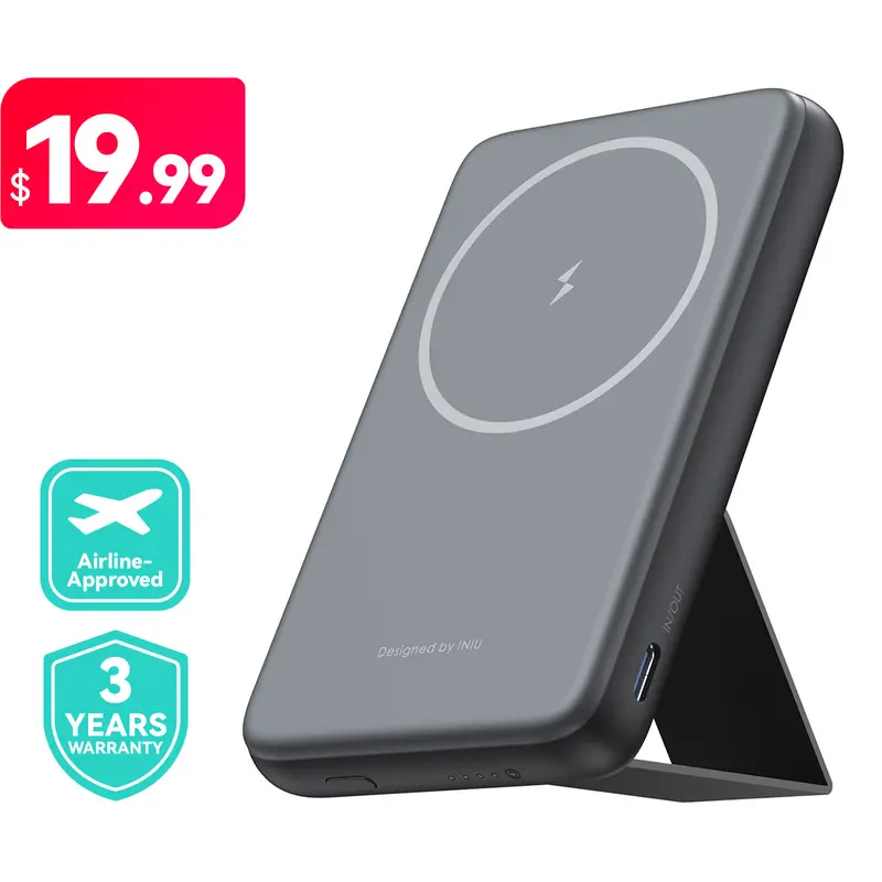 INIU Magnetic Battery Pack Compatible with MagSafe, Slim 6000mAh 20W Portable Charger with Stand, USB C in&Out Wireless Power Bank, Only for iPhone 16/15/15 Plus/15 Pro/15 Pro Max, iPhone 17 16 15 14 13 12 Series Charging Device Foldable