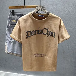 Summer New 2025 Latest Letter Embroidery American Style Short Sleeve Casual Suede Men's Short Sleeve T-Shirt