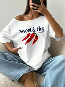 1 Piece Women's “Sweet & Hot” Graphic Statement T-Shirt, Spicy Chili Pepper Print Streetwear Top, Oversized Casual Tee for Everyday Wear and Urban Style