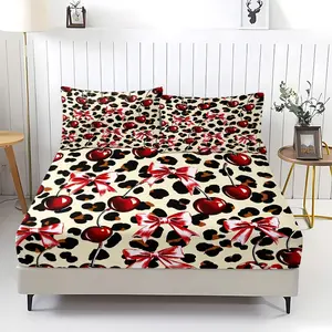 3pcs Leopard Print Cherry Bow Pattern Fitted Sheet Set,Cute and Sweet Print Bedding Set Bed Sheets Set Perfect for a Girly Room, Showcasing a Sweet and Spicy Personality. It Includes 2 Pillowcases (Pillow Inserts Not Included).