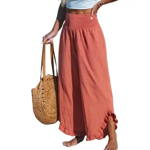 Women's Straight-Leg Pants with Smocked Waist, Ruffled Cuffs, Loose Fit — Casual Beachwear