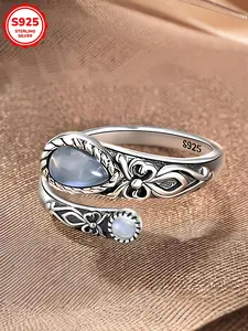 Vintage Bohemian Women's S925 Silver Moonstone Fashion Ring, Adjustable Open Spoon Shape, Anti-Allergy, Daily Wear Jewelry Gift, Unique Rings