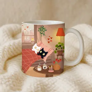 Cat Lover Mug | Black & White Cats Heart Theme | Romantic Ceramic Coffee Cup | Gift Idea