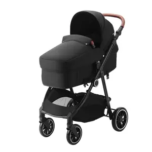 Newborn Baby Stroller with Bassinet 3rd Gear Adjustable Backrest Foldable Reversible Seat Carbon Steel Leg Cover Mesh Net Black Baby Essentials for New Parents