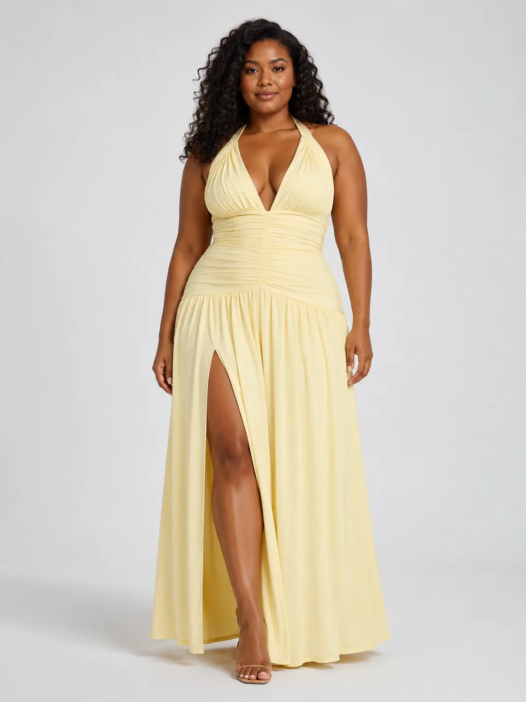 Sculpt Touch Women's Halter Deep V Ruched Maxi Dress Sleeveless Backless High Slit Summer Beach Party Dress