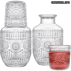 Elegant Glass Water Cup Set with Carafe, Vintage Tea Coffee Milk Juice Bottle, Bedroom Office Bathroom Decor, Includes Glass Lid