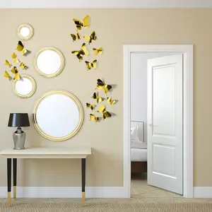 48 Pieces Gold 3D Butterfly Wall Decor DIY Mirror Stickers Removable Decals for Home Bedroom School Bathroom Living Room Decor PET Material Easy to Use